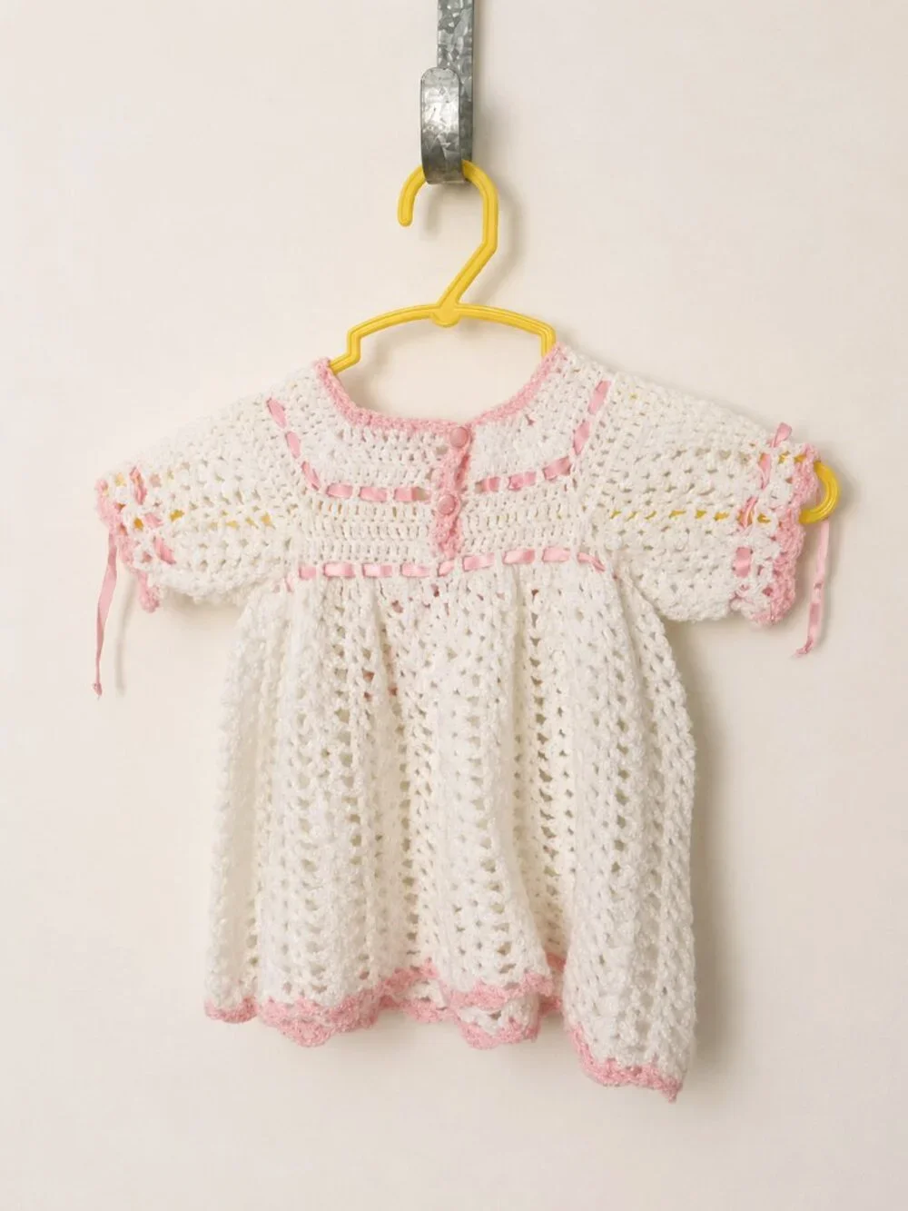 Vintage Hand Crocheted Baby Dress White Pink Ribbon Heirloom 3-6 Months